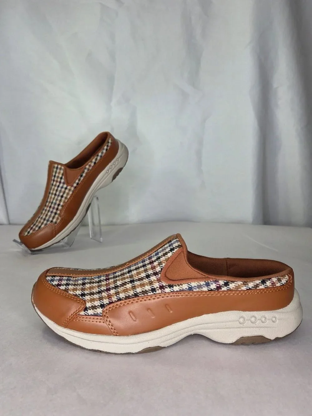 Easy Spirit Traveltime Slip on Mule Walking Sneakers - Brown Houndstooth, Size: